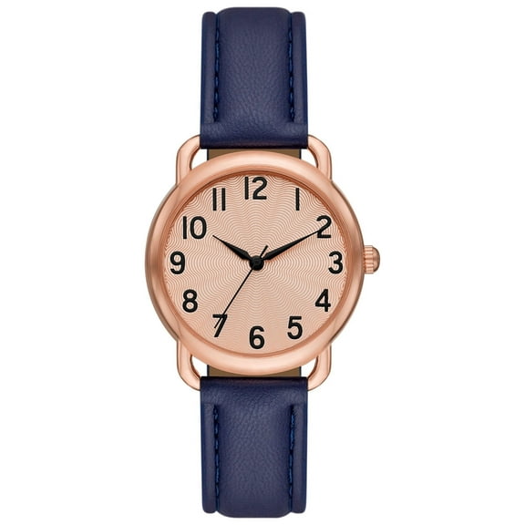 Time and Tru Women's Analog Wristwatch; Rose Gold Tone Round Case, Rose Gold Textured Easy Read Dial, Blue Faux Leather Band Watch (FMDOTT067)
