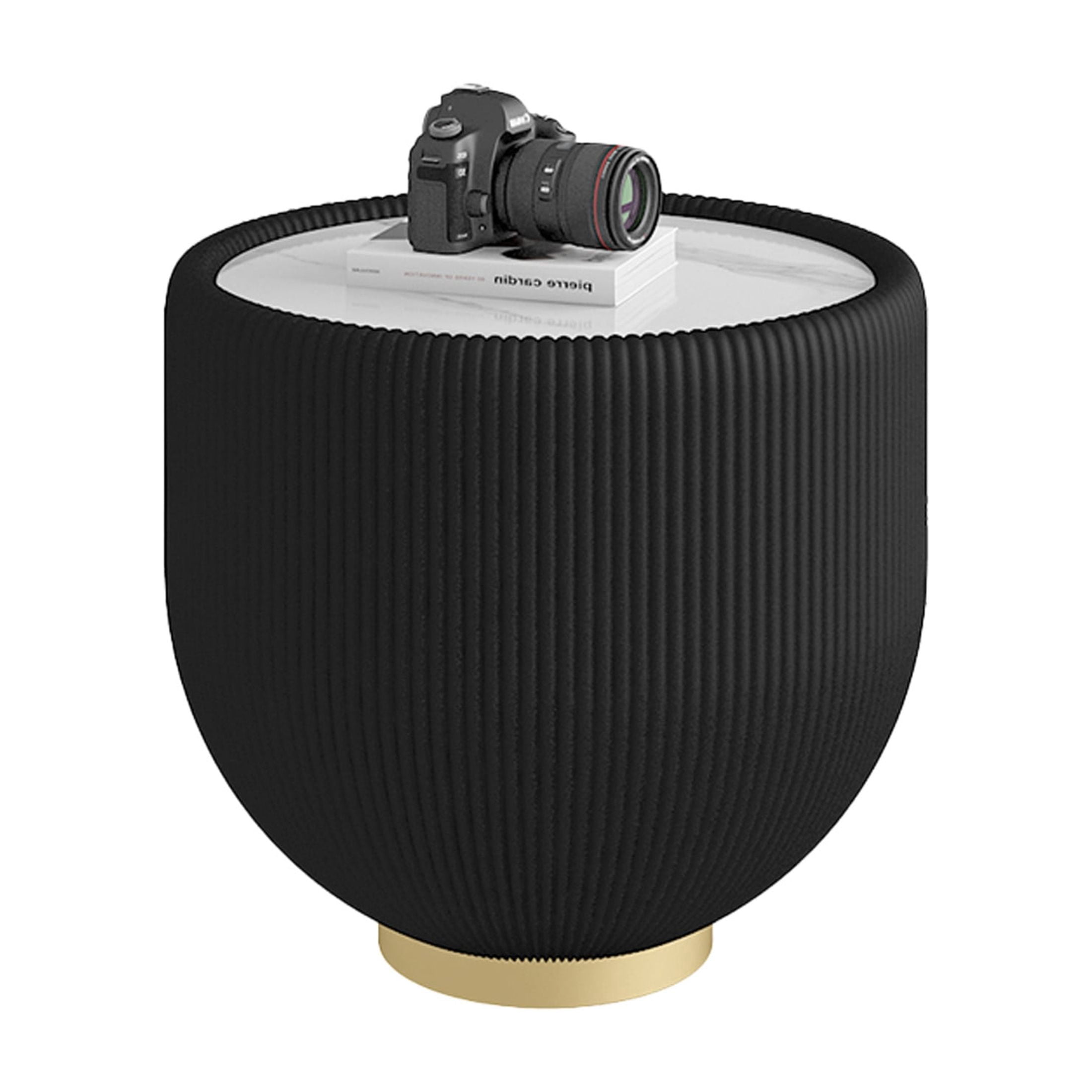 Noble House Mavora Round Marble Side Table with PU Leather Edge and Metal Base, Luxury Coffee Table, Gold & Black