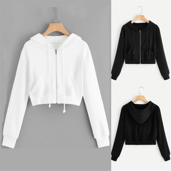 Cropped Zip Up Hoodie Women 2026 Y2k Casual Sweatshirts Workout Long Sleeve Drawstring Hooded Track Jacket Crop Tops White XL