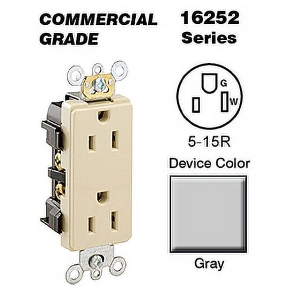 Leviton 16252-GY Decora Duplex Receptacle Commercial Grade 5-15R 15A 125V BandS Wired - Gray