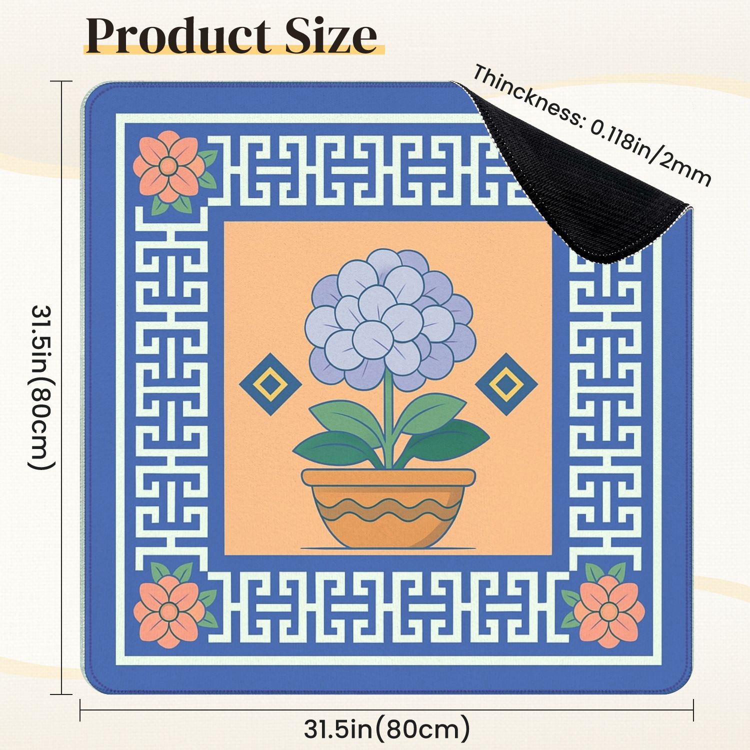 Mahjong Mat 31.5" x 31.5" Floral Pot Blue Hydrangea Geometric Border Anti-Slip and Noise Reduction Symmetry Design Mahjong Tiles Table Cover for Dominoes Poker Card Board and Tile Games