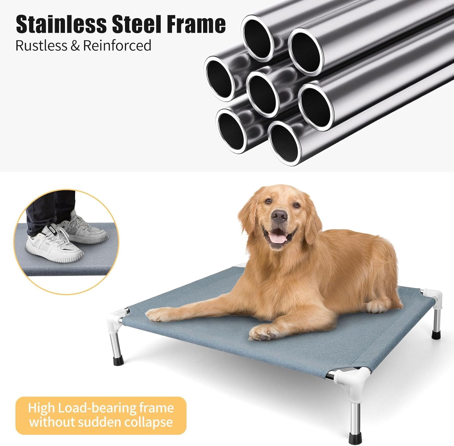 Elevated Cooling Dog Bed, Raised Outdoor Dog Bed for Medium Dogs, Portable Pet Cots with No-Slip Rubber Feet, Double Layer Polyester Cotton
