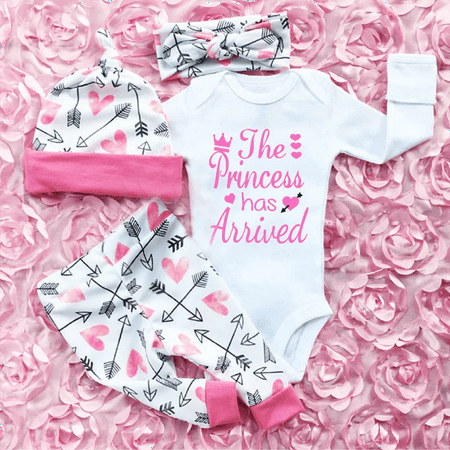 

Infant Newborn 4Pcs Outfits Kids Baby Girls Princess Has Arrived Romper Pants Long Sleeve Jumpsuit Clothes Set Newborn
