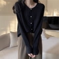 thumbnail image 2 of Lixiuxyad Light Knit Cardigans for Women Solid Color Round Neck Pearl Buckle Knitted Cardigan Women's And Versatile Top Long Sleeve Women's Spring And Autumn, 2 of 4