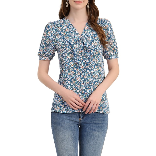 INSPIRE CHIC Women's Floral Print Rufle Button Up Puff Short Sleeves Blouse Top L Blue