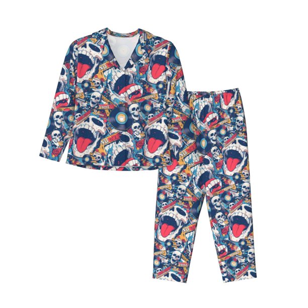 Balery cool rock Skull Conjunto de Pijama con Estampado para Mujer, Conjunto de Dos Piezas con Manga Larga, Ropa de Dormir Suave con Bolsillos, Pijamas Cómodos-Small