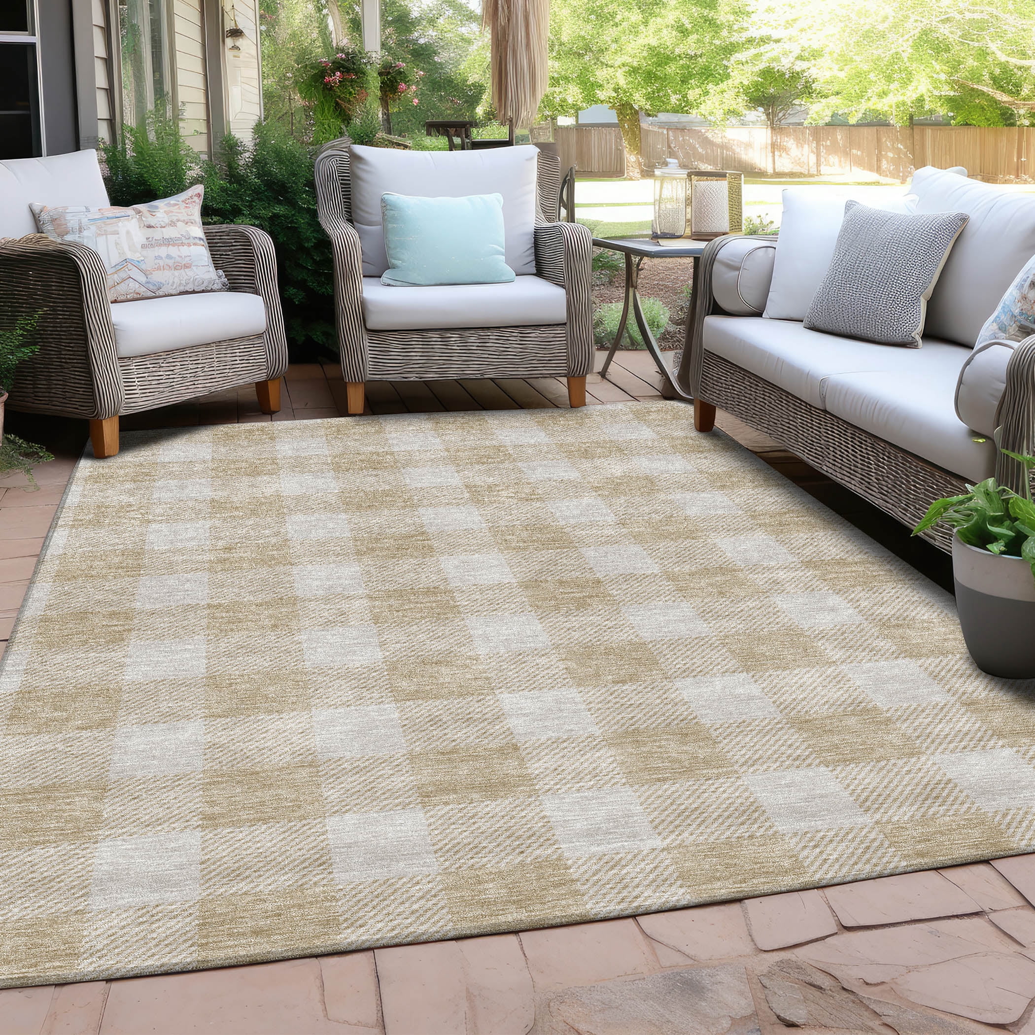 Addison Rugs Chantille Indoor/Outdoor Transitional Plaid Beige Washable Rectangle Rug, 5' x 7'6"