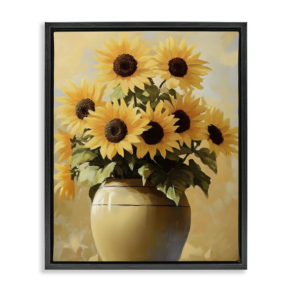Stupell Industries Sunflower Pot Still Life Floral Painting Black Floater Framed Canvas Art Print Wall Art, 17 x 21