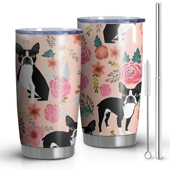 20oz Tumblers Pink Boston Terrier and Flower Stainless Steel Vacuum Insulated Double Wall Travel Tumbler Cups Mug with Lid and Straw,Cleaning Brush for Cold & Hot Drinks
