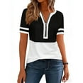 thumbnail image 3 of HomeDM Women's Quarter Zip Short Sleeve Summer Pullover Tops, Crew Neck Stripe Loose Fit Shirts - Black/2XL, 3 of 8
