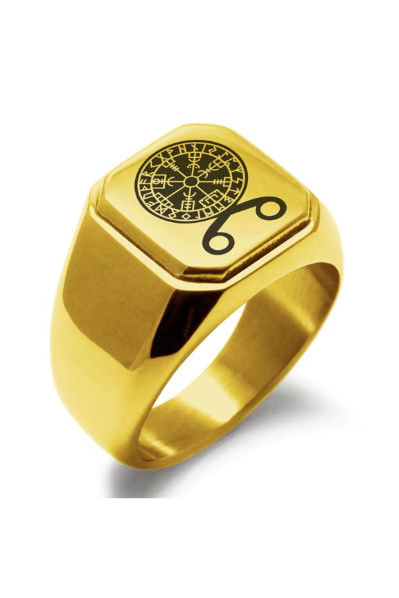 Stainless Steel Binding Vegvisir Troll Cross Runic Viking Engraved Square Flat Top Biker Style Polished Signet Ring