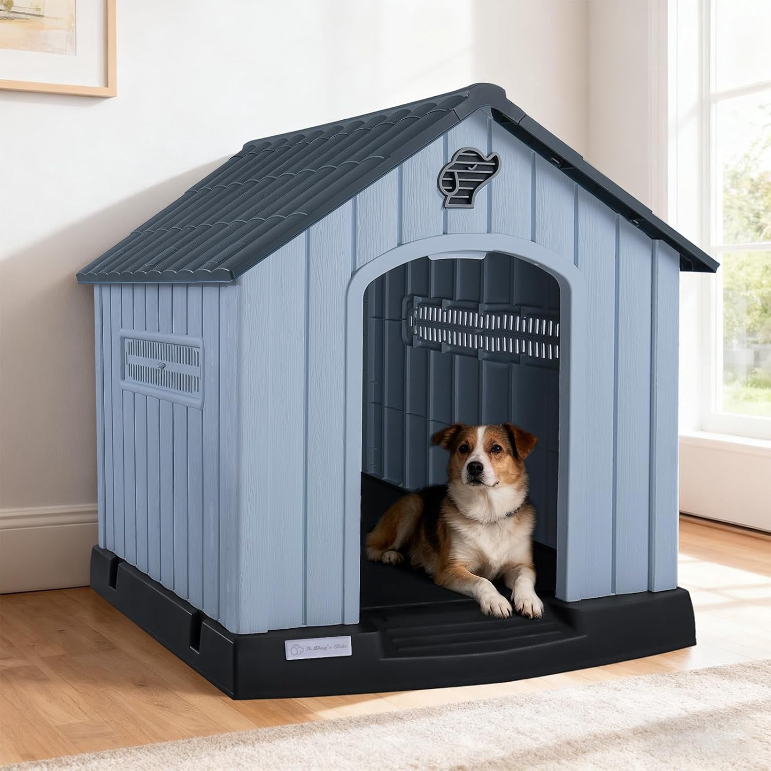 LEHOME Durable Waterproof Plastic Dog House for Small to Medium Sized Dogs, Indoor Outdoor Doghouse with Air Vents and Elevated Floor, Easy to Assemble (Gray, 33.5" L x 31.5" W x 33.9" H)