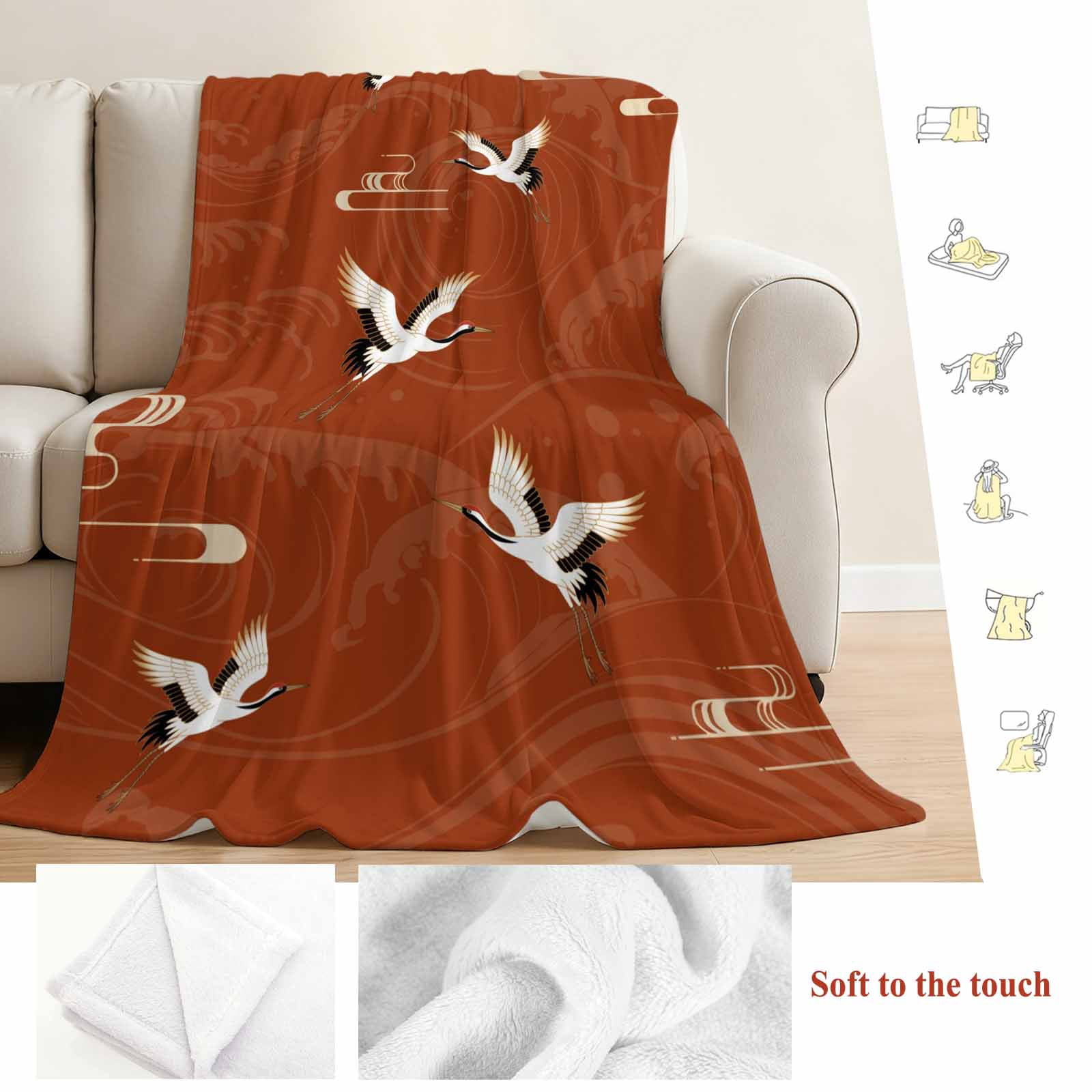 Japanese Style Blanket Soft Cozy Warm Twin Blanket for Bed, Plush Fuzzy Flannel Fleece Blankets for Sofa, Vintage Art Cranes Ocean Wave Red Throw Blankets for Couch, Gifts for Men, 60"x80"