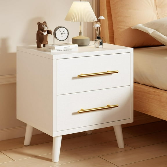 Noelse Nightstand, Bedside Table with 2 Large Storage Drawers and Metal Handles, Modern Night Stand for Bedroom, Living Room, White