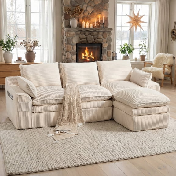 104" Modern Modular L-Shaped Sectional Cloud Sofa, Compressed Corduroy Floor Couch with Movable Ottoman