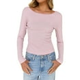 thumbnail image 3 of Women'S Summer Fall Long Sleeve Boat Neck Stripe Shirts Casual Slim Fit Backless Rib Knit Tops Pink XL, 3 of 9