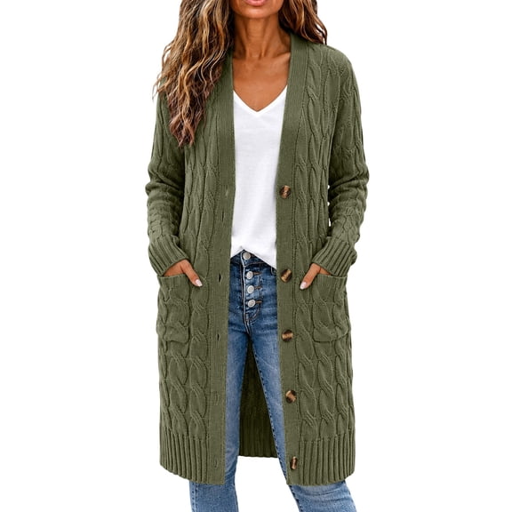 BODOAO Women's Long Cable Knit Cardigan Button Front Open Neck Long Sleeve Chunky Sweater Coat with Pockets Relaxed Fit Warm Casual Fall Winter Layering Outerwear Blackish Green L