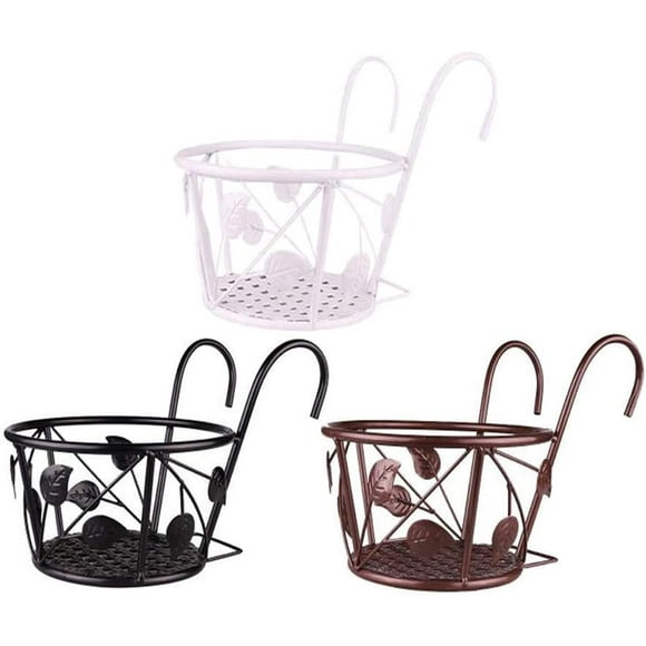 Hanging Railing Planter Iron Art Hanging Baskets Flower Pot Holder Hanger Over The Metal Fence Rail for Patio Balcony Porch or Fence Planters Assemble (Leaf, 3pcs)