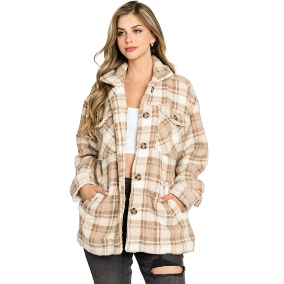 Love Tree Women's Cozy Soft Sherpa Teddy Coat Plaid Shacket (M, Khaki)