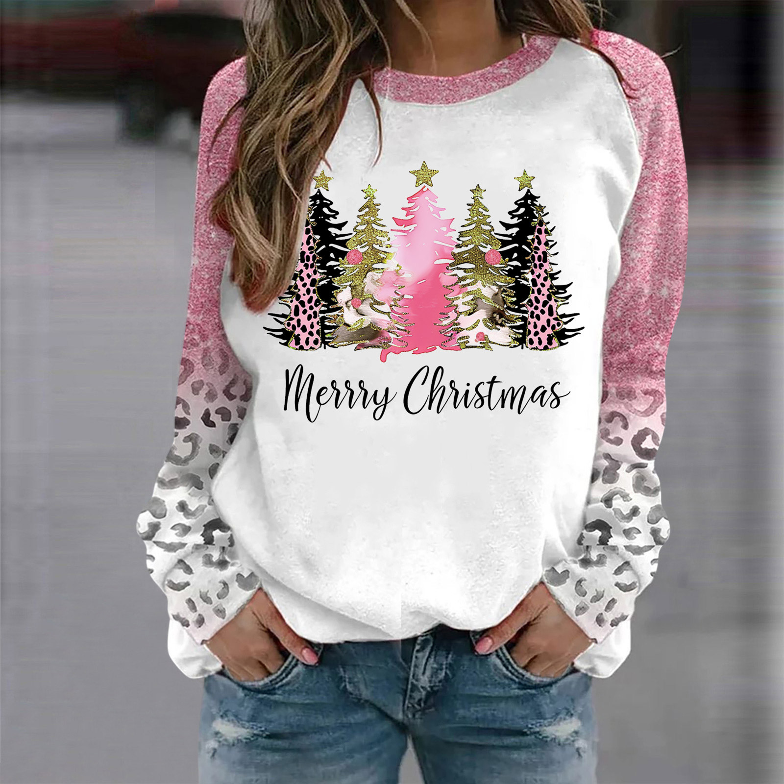 Funny Christmas Sweatshirt For Women – Leopard Print With Xmas Tree Design, Long Sleeve Pullover, Casual Holiday Top
