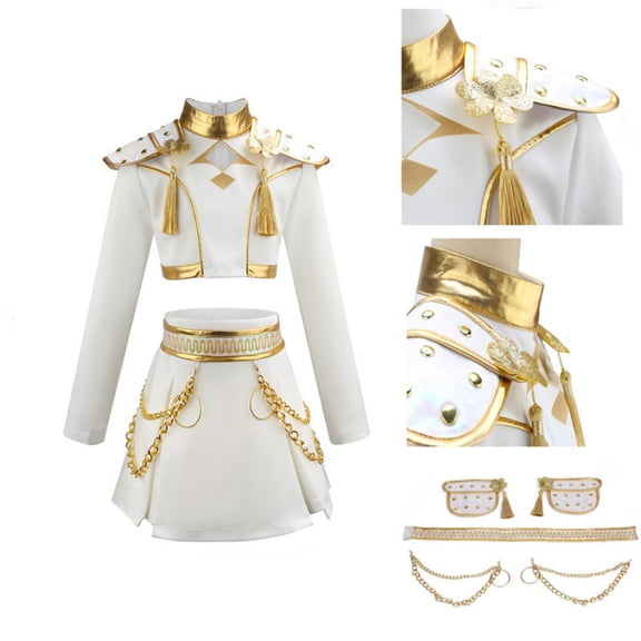 KIBOO Girls Pop Idol Halloween Costume, 7-Piece Top and Skirt Stage Set with Shoulder Accessories, Belt and Skirt Decorations, Singer Cosplay Outfit for Performance and Party Dress Up