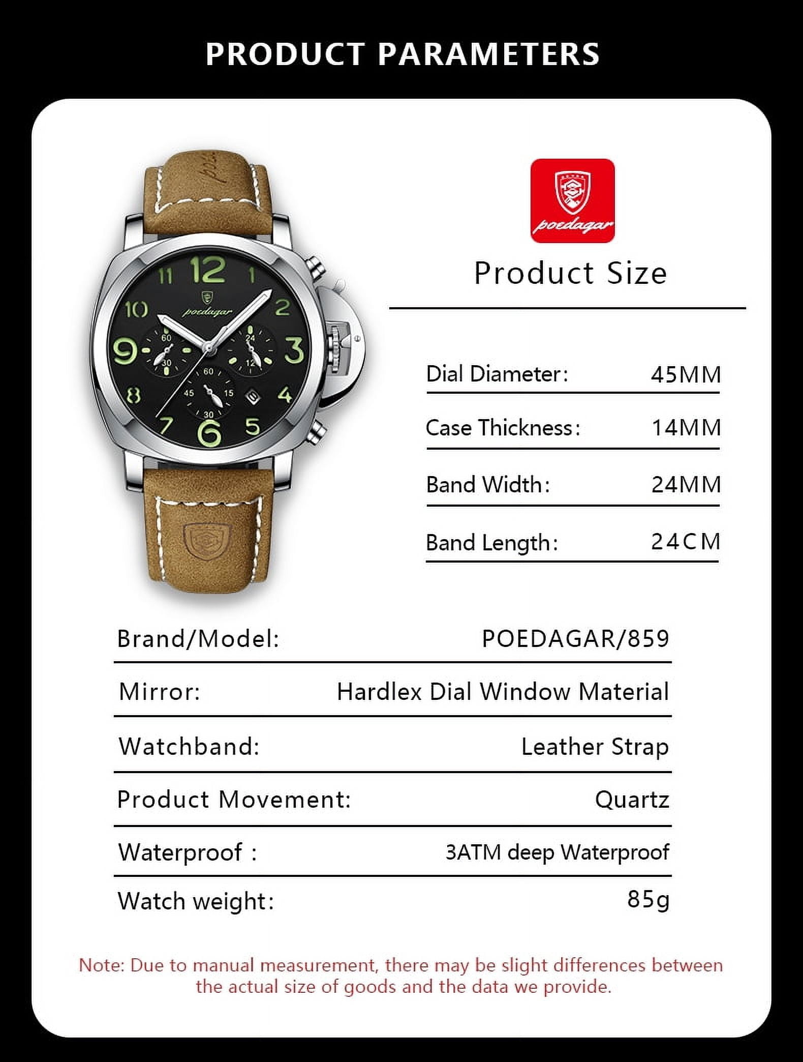Poedagar Leather Strap Men's Luxury Sports Waterproof Luminous Date Chronograph Quartz Watch