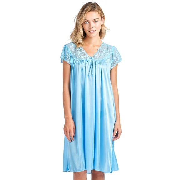 Casual Nights Women's Fancy Lace Neckline Silky Tricot Nightgown - Sky Blue - Large