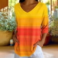 thumbnail image 4 of Uootdi 3/4 Sleeve Blouses Women V Neck Horizontal Stripe Gradient 3/4 Sleeve Curved Hem Relaxed Fit Tees Coastal Stroll Moisture Release Casual Shirts Women, 4 of 7