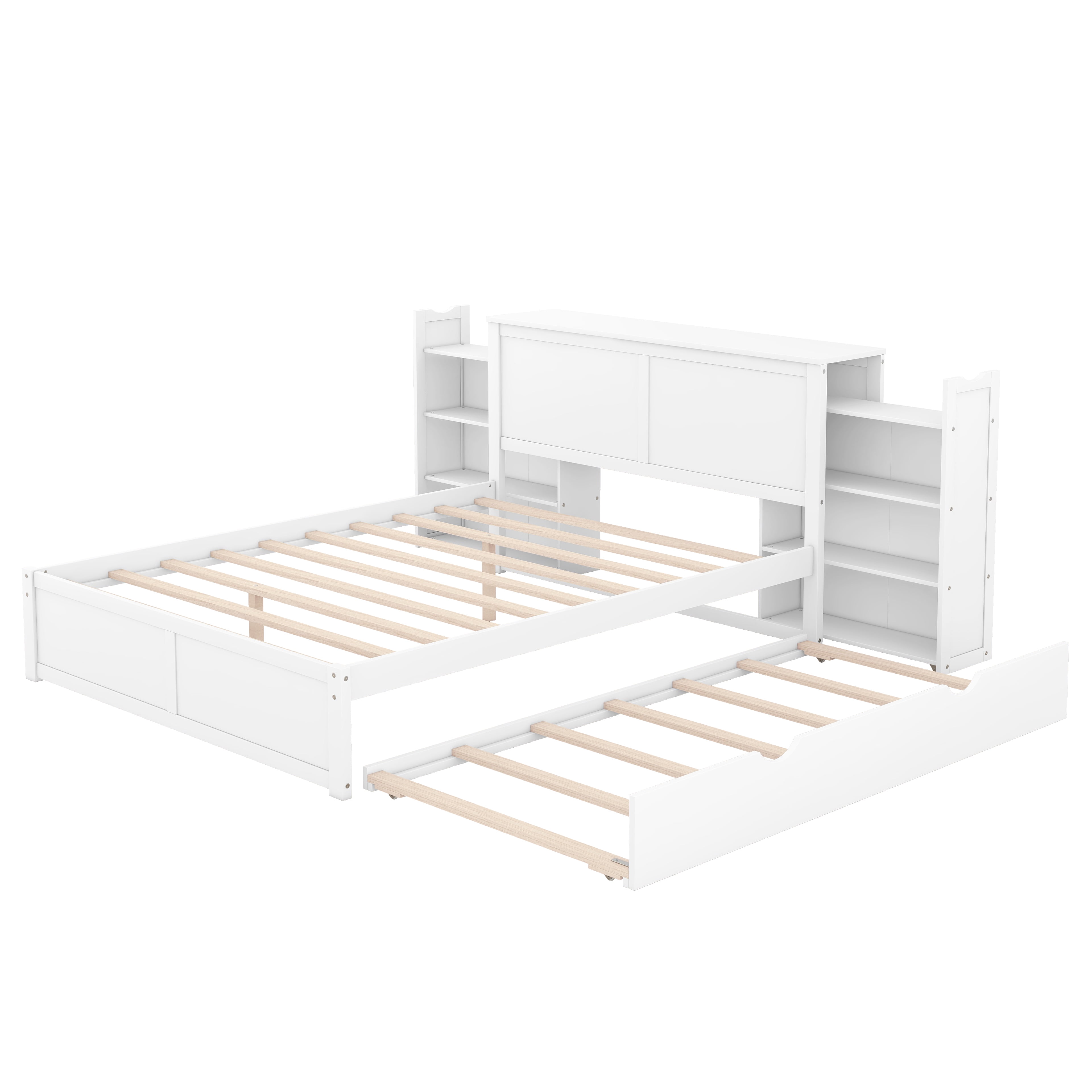 Euroco Queen Size Wood Platform Bed with Trundle and Storage Cabinet for Adults Bedroom