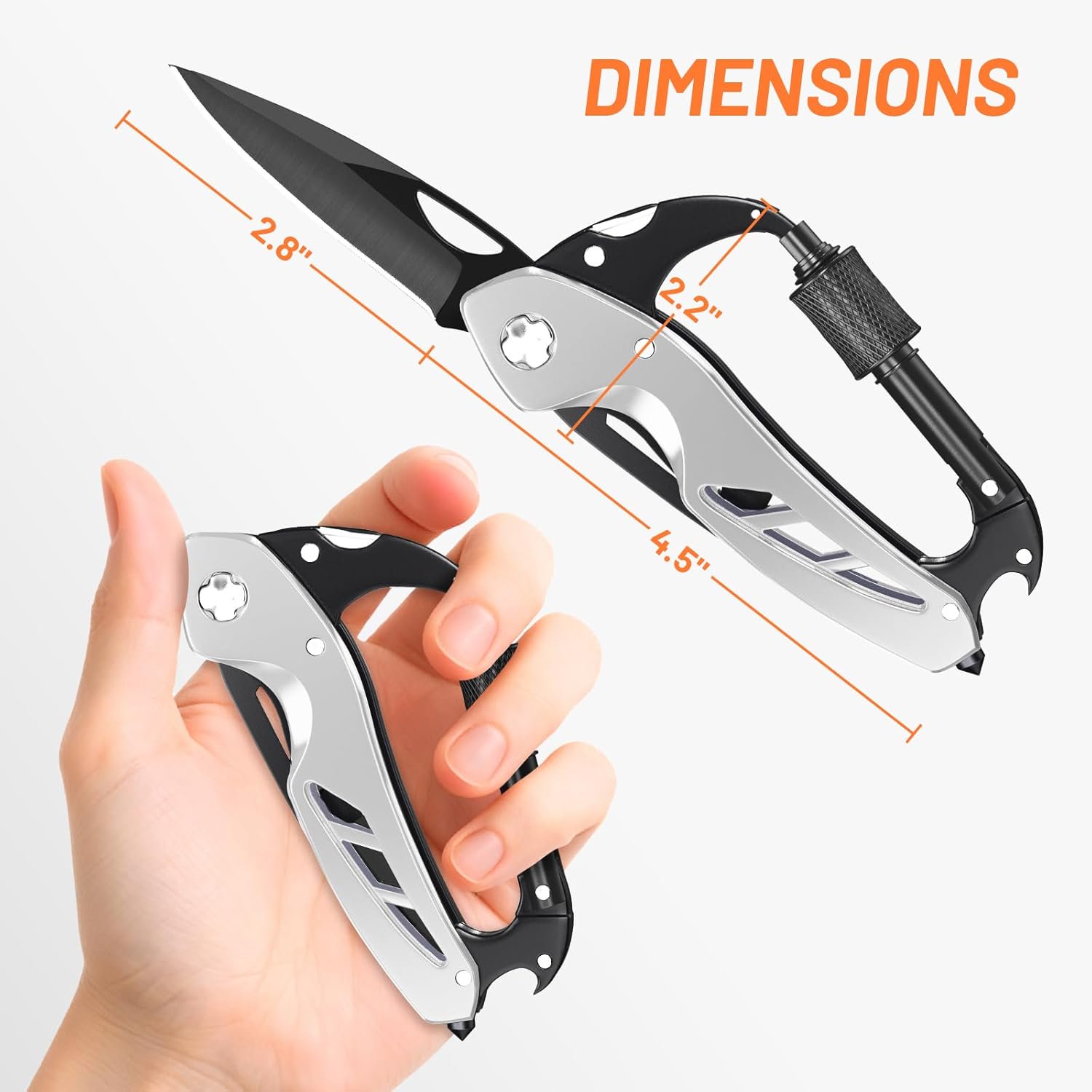 LABAKUI-Carabiner Multitool 9-in-1 EDC Pocket Knife Hexwrench Saw Screwdriver Bottle Opener Breaker Survival Gear for Camping Climbing Gifts for Men Women Stocking Stuffers (Silver)