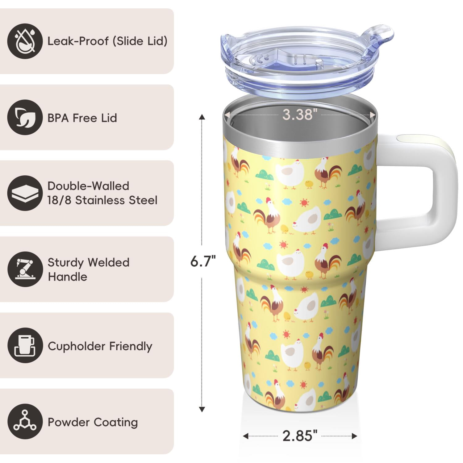 20oz Chicken Graphic Tumbler with Handle Fun Birthday Christmas Gift for Chicken Enthusiasts Women Men Insulated Travel Mug Cup Holder Friendly Wide Mouth for Ice Hot Coffee Cold Soda Daily Use