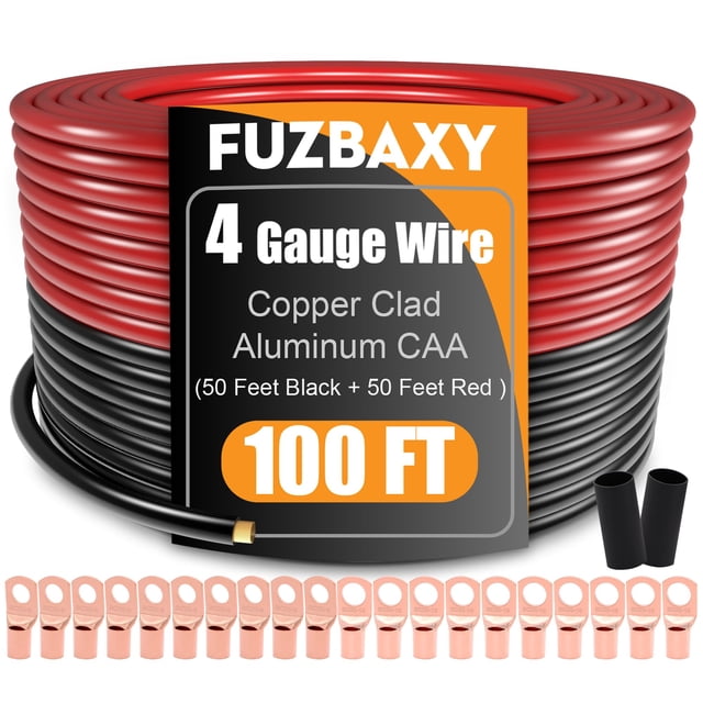 Fuzbaxy Cable calibre 4 (50 pies negro+50 pies rojo) Aluminio revestido de cobre CCA - Cable automotriz primario Alimentación/Tierra 20 conectores terminales de lengüetas 20 tubos termorretráctiles 3: