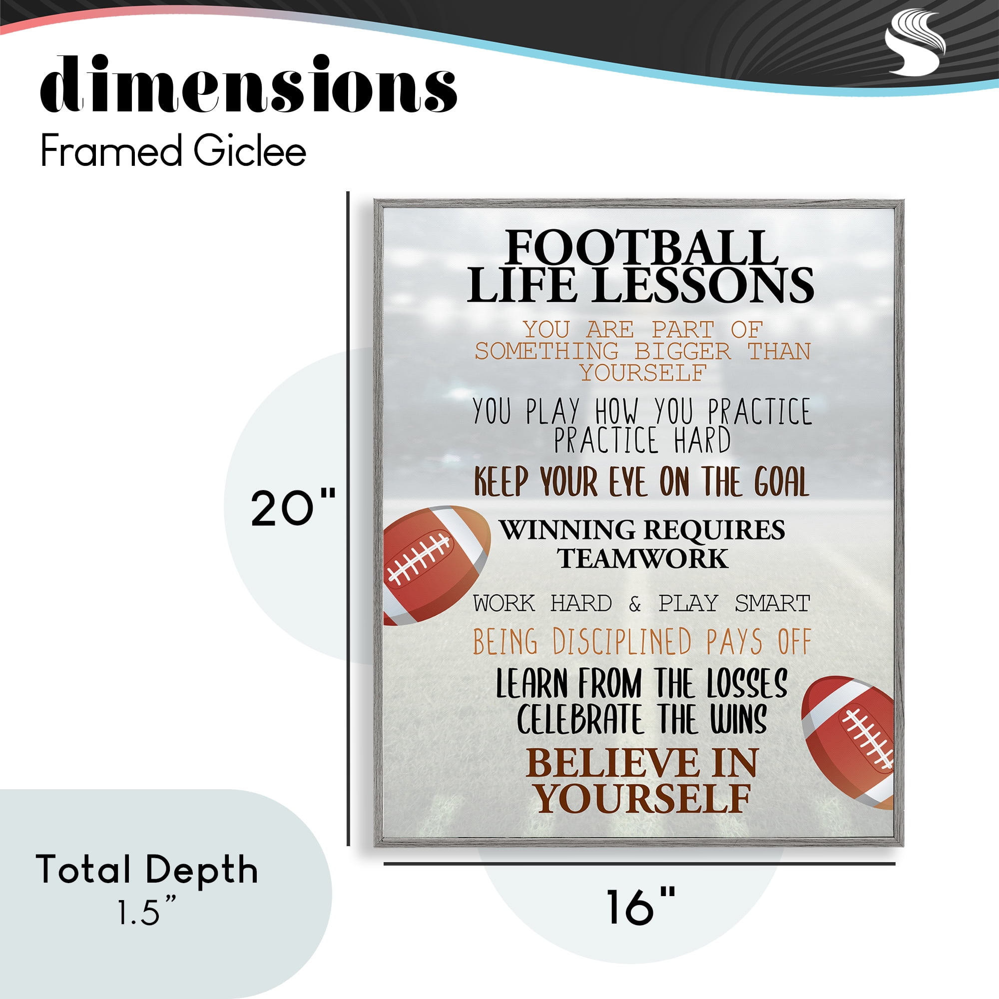 Football Life Lessons Gray Framed Giclee Art, design by Kim Allen