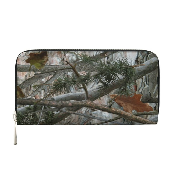 Leather Zipper Pocket Hand Wallet For Women And Men Travel Leather Purse Large Capacity Credit Card Holder Realistic Forests Camouflage Pattern Conifer
