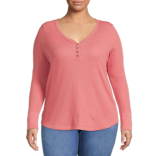 Terra & Sky Women's Plus Size Long Sleeve Waffle Henley Top