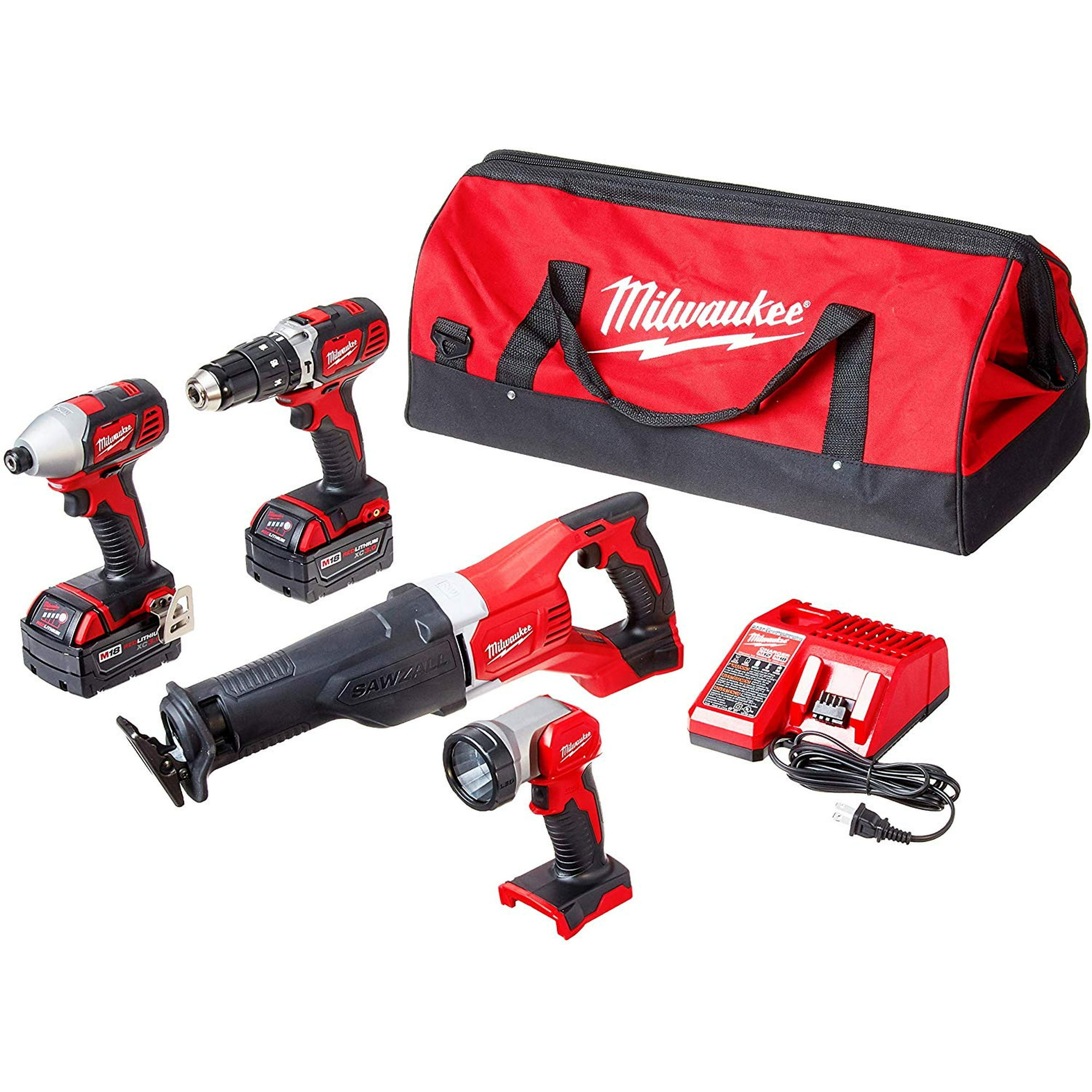 Milwaukee 2696 24 M18 Cordless Combo Compact Hammer Drill Sawzall 1 4 Hex Impact Driver Work Light Charger 2 Battery Walmart