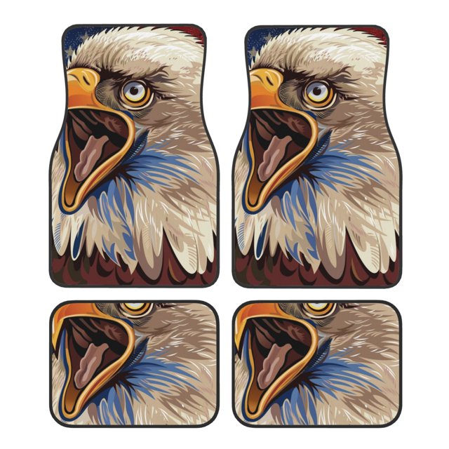 Fotbe Eagle With USA Flags Juego de 4 Tapetes para Auto con Estampado – Alfombrillas de Goma Reforzada, Diseño Antideslizante, Protección para Todo el Año – Vehículos, Autos, Camionetas y SUVs
