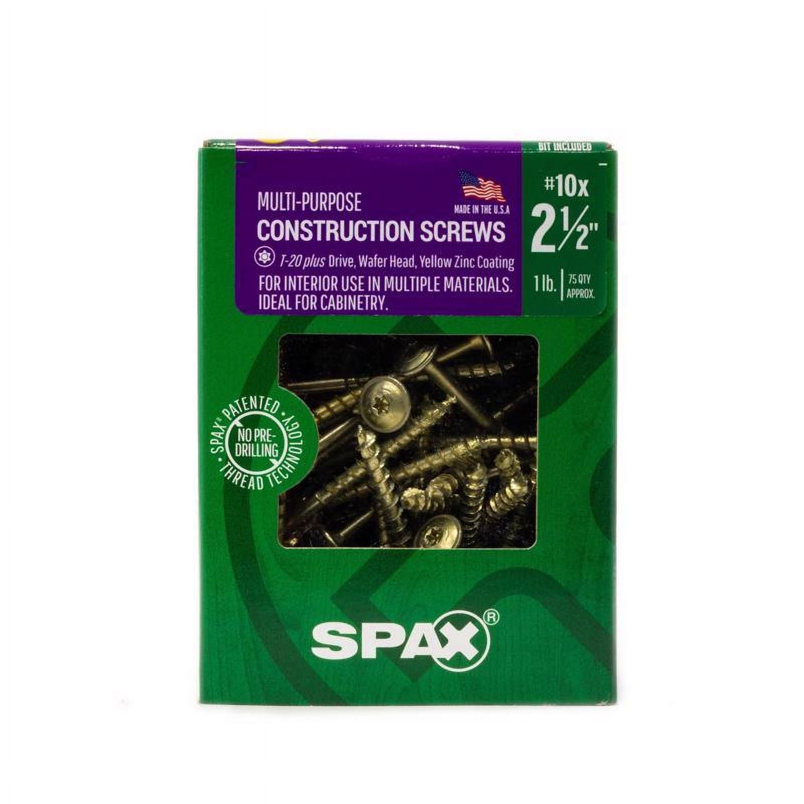 Spax 5040839 10 x 2.5 in. Multi-Material No. T-20 Plus Wafer Head Construction Screws, Yellow- 1 lbs - Pack of 75