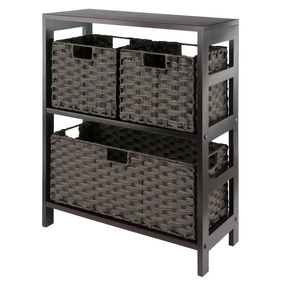 Winsome Leo 4-Piece Shelf with 3 Foldable Woven Baskets, Espresso & Chocolate