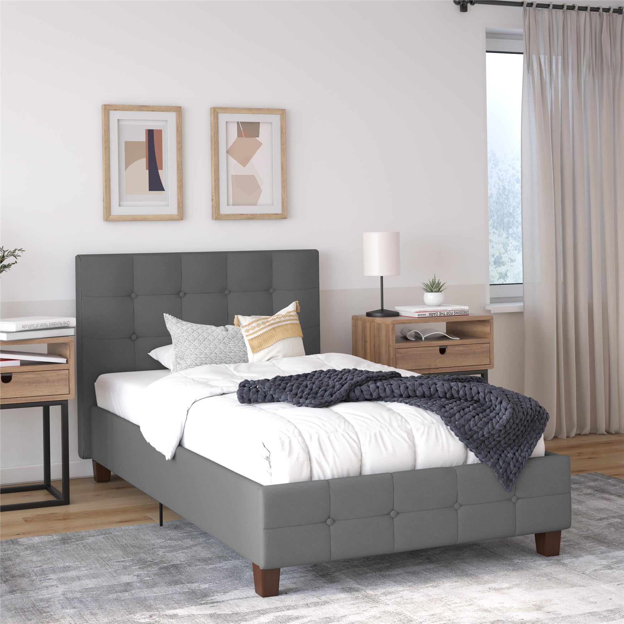 DHP Rose Tufted Upholstered Platform Bed Frame, Twin, Gray Linen