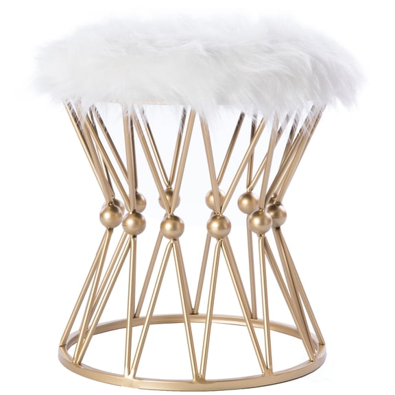 Round Gold Metal Accent Vanity Stool with White Fur Top Seat, Decorative Side Table
