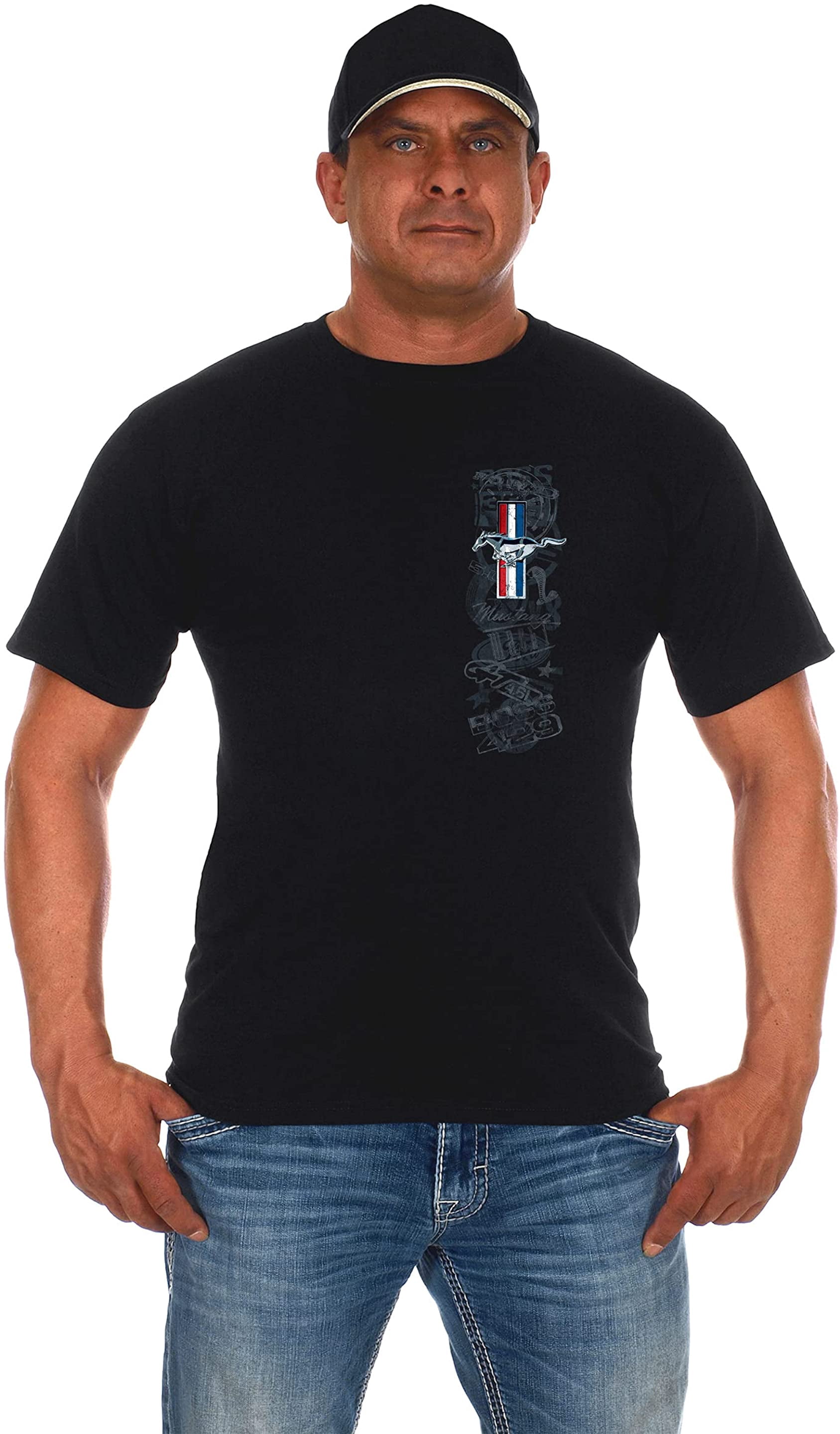 JH Design Group Mens Ford Mustang Tri-Bar Pony Distressed Collage T-Shirt