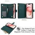 thumbnail image 5 of Phone Case for Apple iPhone 15, Premium iPhone 15 Case with Wallet, Card Holder, Coin Zipper Pocket Shockproof Flip Cover Stand with Wrist Strap & Detachable Shoulder Strap,Green, 5 of 11