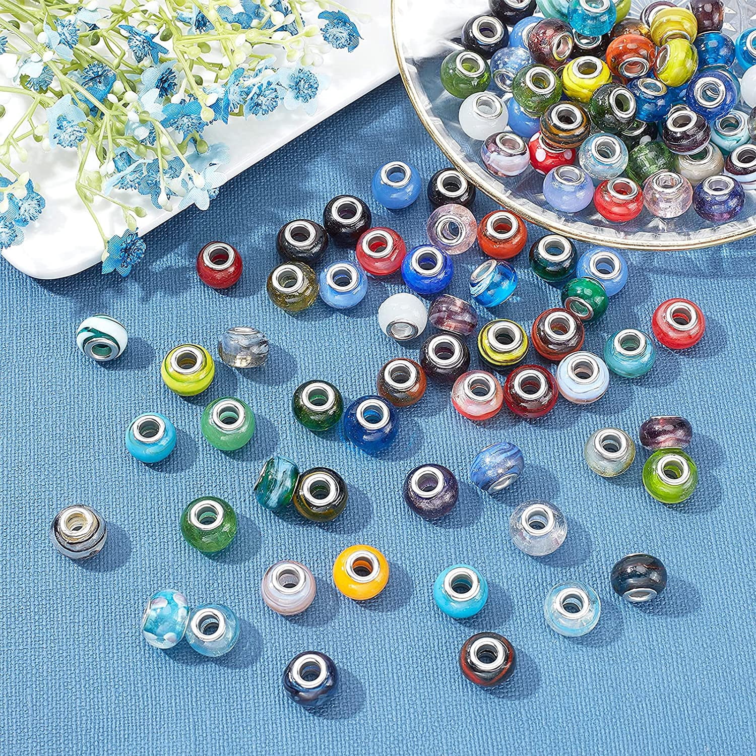 100pcs Lampwork Glass European Beads Large Hole Beads Mixed Handmade Garden Decor Beaded Loose Slide Beads for Bracelet Jewelry Making Yard Patio Plant Pot Flower Decor Hole: 5mm