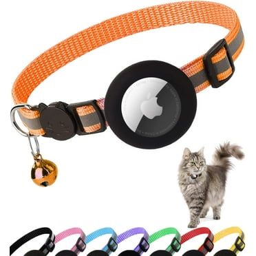 Airtag Cat Collar Breakaway, Reflective Kitten Collar with Apple Air Tag Holder and Bell for Girl Boy Cats, 0.4 Inches in Width and Lightweight(Orange)