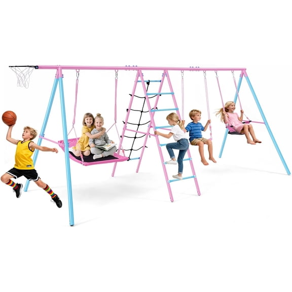 Veeboto 6-in-1 Swing Sets, 700LBS Large Capacity Backyard Playground Swing Sets for Kids with with 3 Adjustable Seats, Climbing Net, Climbing Ladder & Basketball Hoop