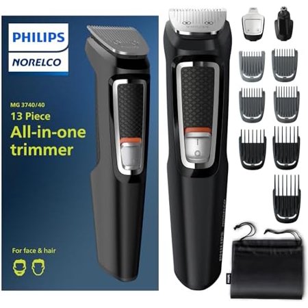 Philips Multi Groomer - 13 Piece Mens Grooming Kit for Beard, face, Nose, and Ear Hair Trimmer and Hair Clipper - NO Blade Oil Needed, MG3740/40