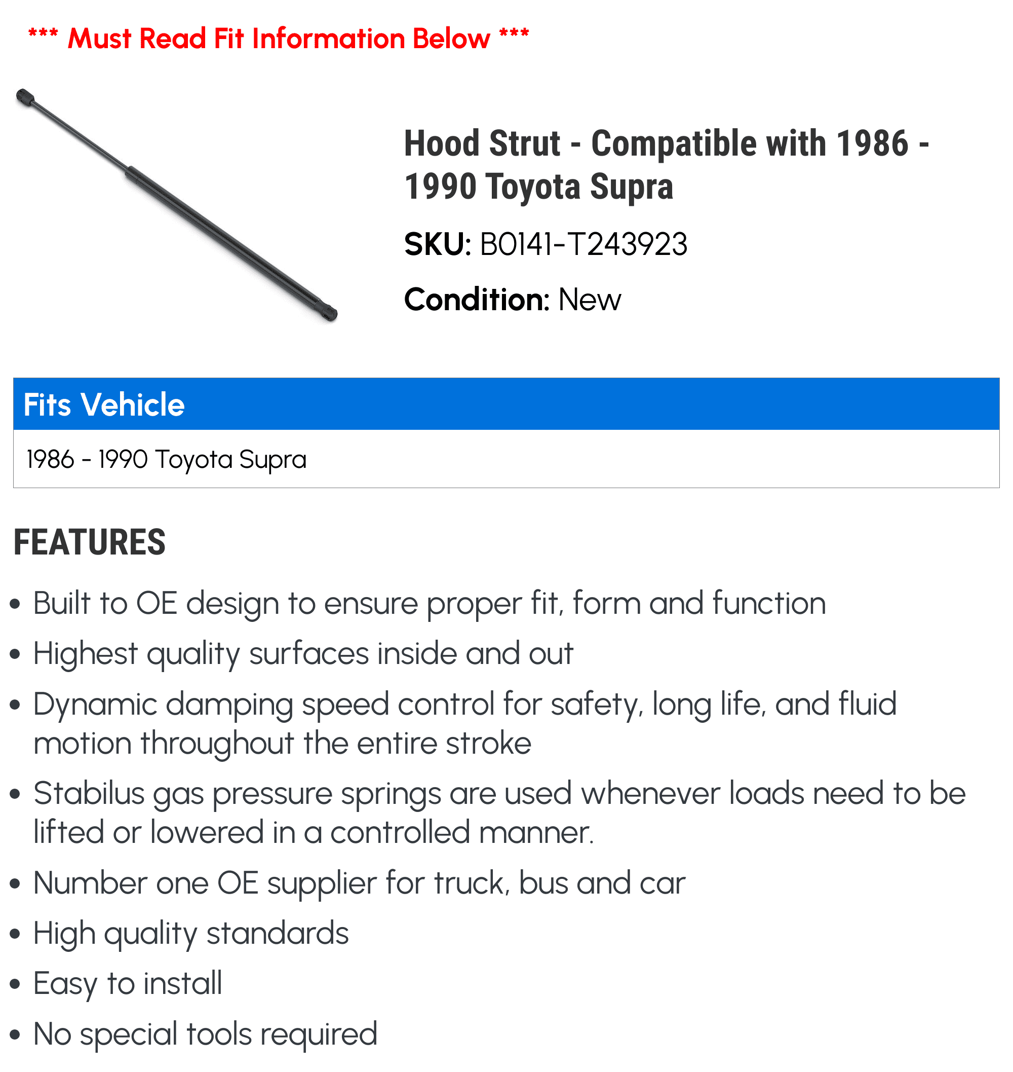Hood Strut - Compatible with 1986 - 1990 Toyota Supra 1987 1988 1989