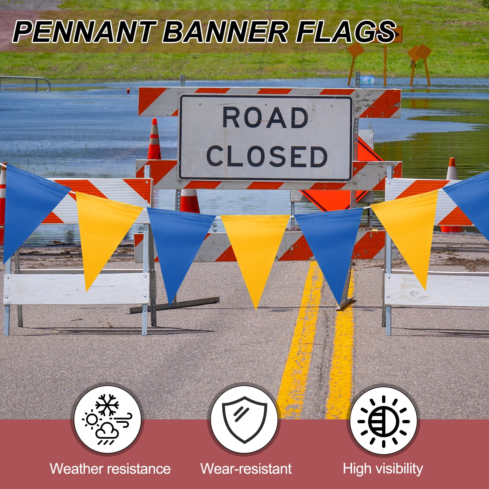 Uxcell 102Ft Pennant Banner Flags, 7"x10" Warning Flags for Construction Site Blue/Yellow