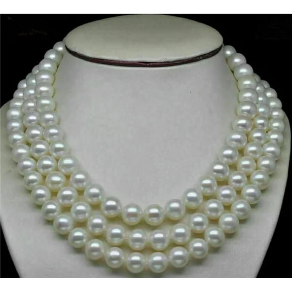 K-KED Triple strands AAA 9-10mm south sea white pearl necklace 18 inch 14K gold Clasp